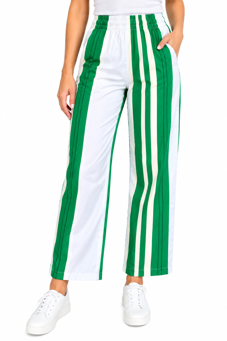 ALYSI CHOCOLATE GREEN WHITE STRIPED WIDE LEG PANTS SIZE 8 ITALY NEW